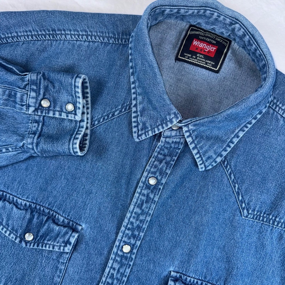 Wrangler Hero Denim Western Shirt Mens 2XL Blue Rustic Dark Stone Pearl Snap